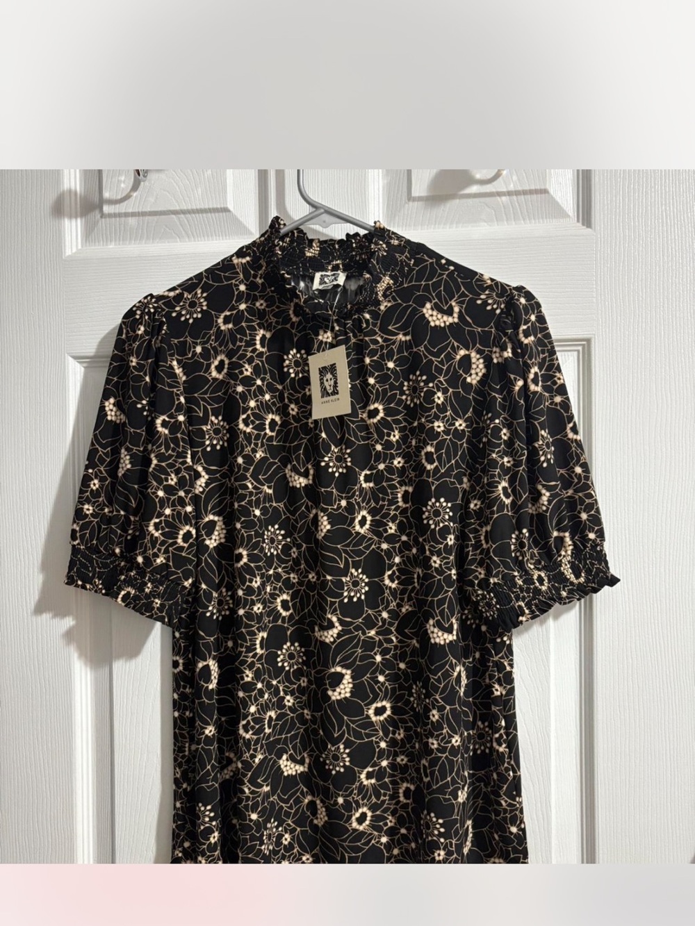 Anne Klein Black Blouse with Cream Floral Print